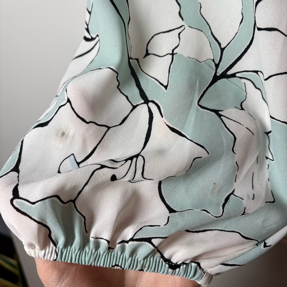Karl Lagerfeld Paris Mint Floral Tie-Neck Balloon Sleeve Chiffon Blouse Sz Sm - Picture 4 of 8